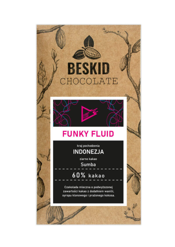 Czekolada Beskid Chocolate ciemna mleczna Indonezja. Współpraca z browarem Funky Fluid Pudełko. Sklep mundonovo.pl