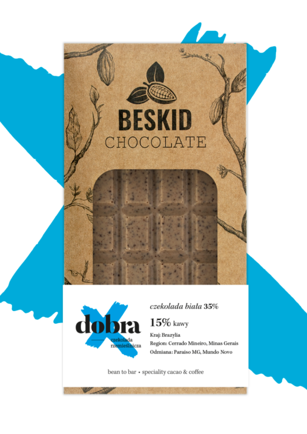Czekolada Beskid Chocolate biała z kawałkami kawy z palarni Dobra. Pudełko z okienkiem. Sklep mundonovo.pl