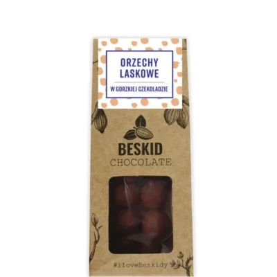 Beakid-Chocolate-Draze-Orzechy laskowe-w gorzkiej czekoladzie opakowana w trójkątne pudełko z okienkiem_mundonovo.pl