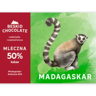 Czekolada Beskid Chocolate mleczna Madagaskar Ambanja. Pudełko zielone z jasnymi napisami. Sklep mundonovo.pl