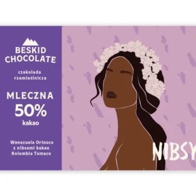 Czekolada Beskid Chocolate mleczna Wenezuela z Nimbsami. Pudełko fioletowe. Sklep mundonovo.pl